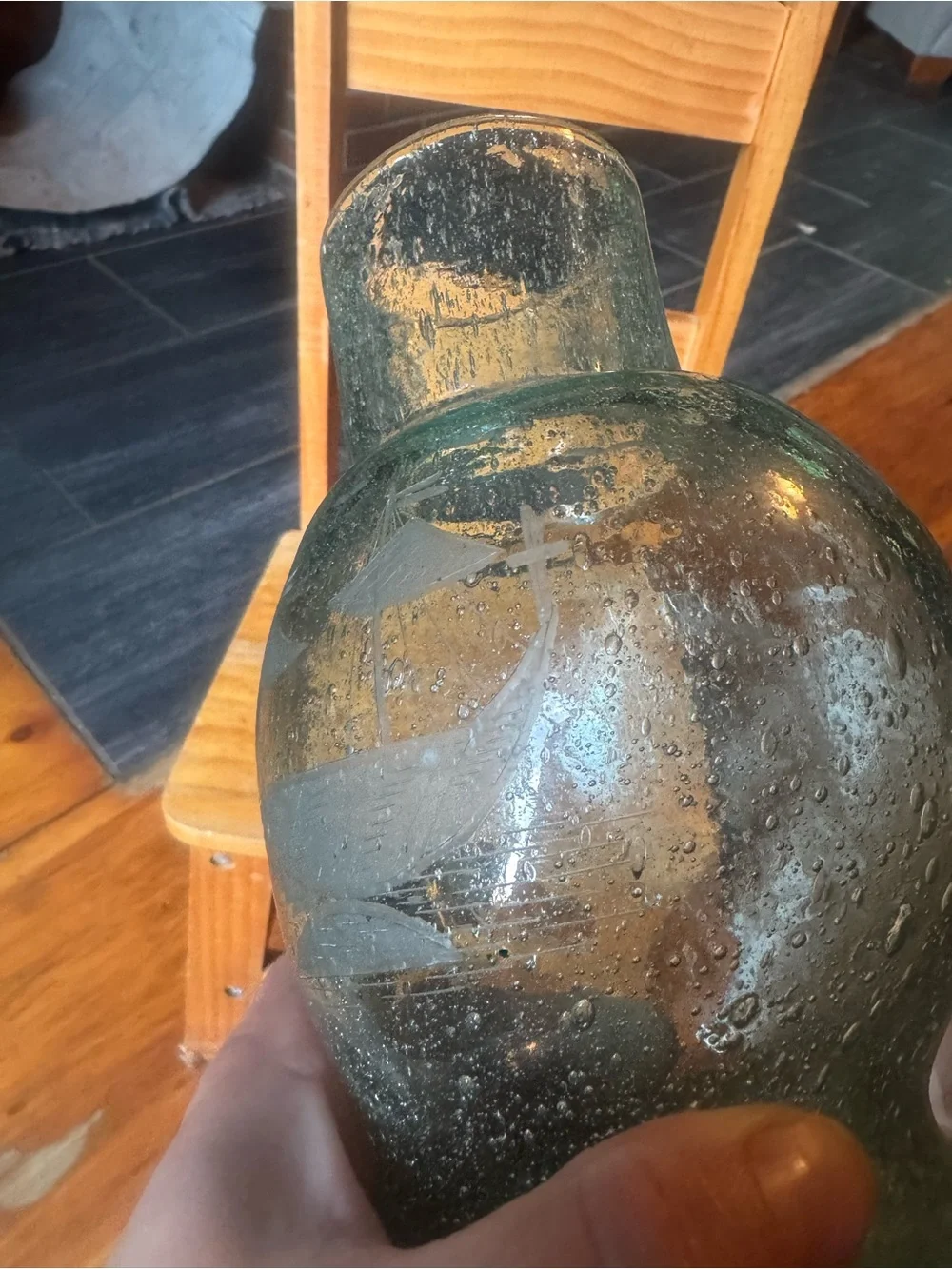 Aqua bubble glass handblown vase with boat etching very rare HTF EUC